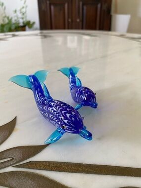 Lenox Art Glass Dolphin Figurine Set (2) Cobalt Blue Glass